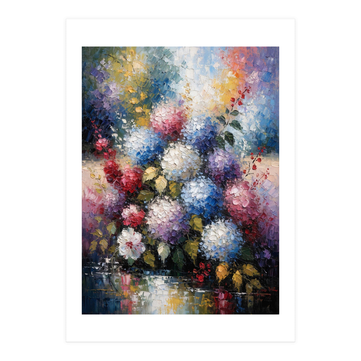Vibrant Summer Hydrangea Bouquet Heavy Impasto Oil Painting (Print Only)