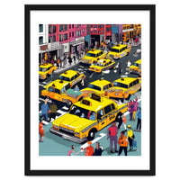 New York Minute, Yellow Taxi Cab Manhattan Downtown Busy Street, Traffic People Buildings Times Square Eclectic Road Architecture