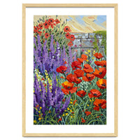 Vibrant Summer Poppy and Lavender Garden Oil Painting