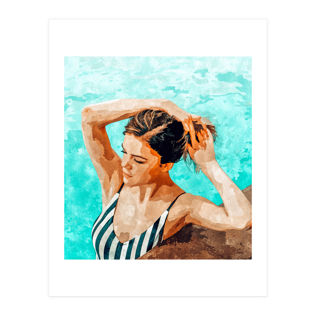 Simulacrum | Modern Bohemian Woman Swim | Summer Swimming Pool Fashion Watercolor Painting (Print Only)