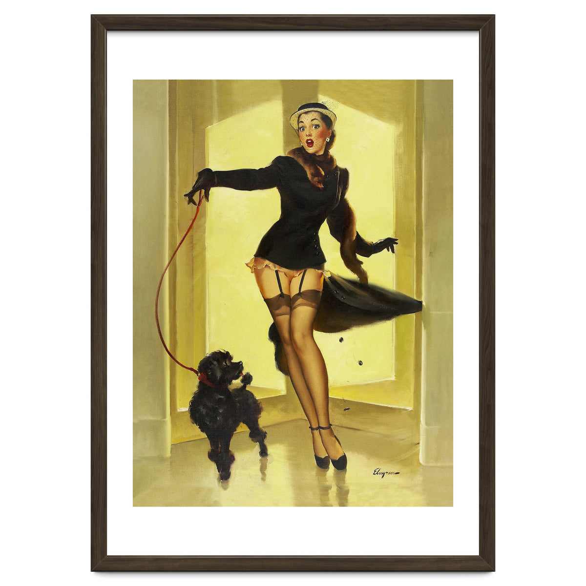 Pinup Girl In Black Dress On A Hall Experiencing Sudden Wind