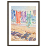 Laundry Drying by the Sea, Colorful Clothes on a Beach Clothesline, Coastal Summer Pastel Painting, Relaxing Ocean Shore Art Print thumbnail