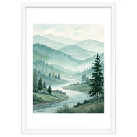 Serene Misty Mountain Valley Watercolor Painting