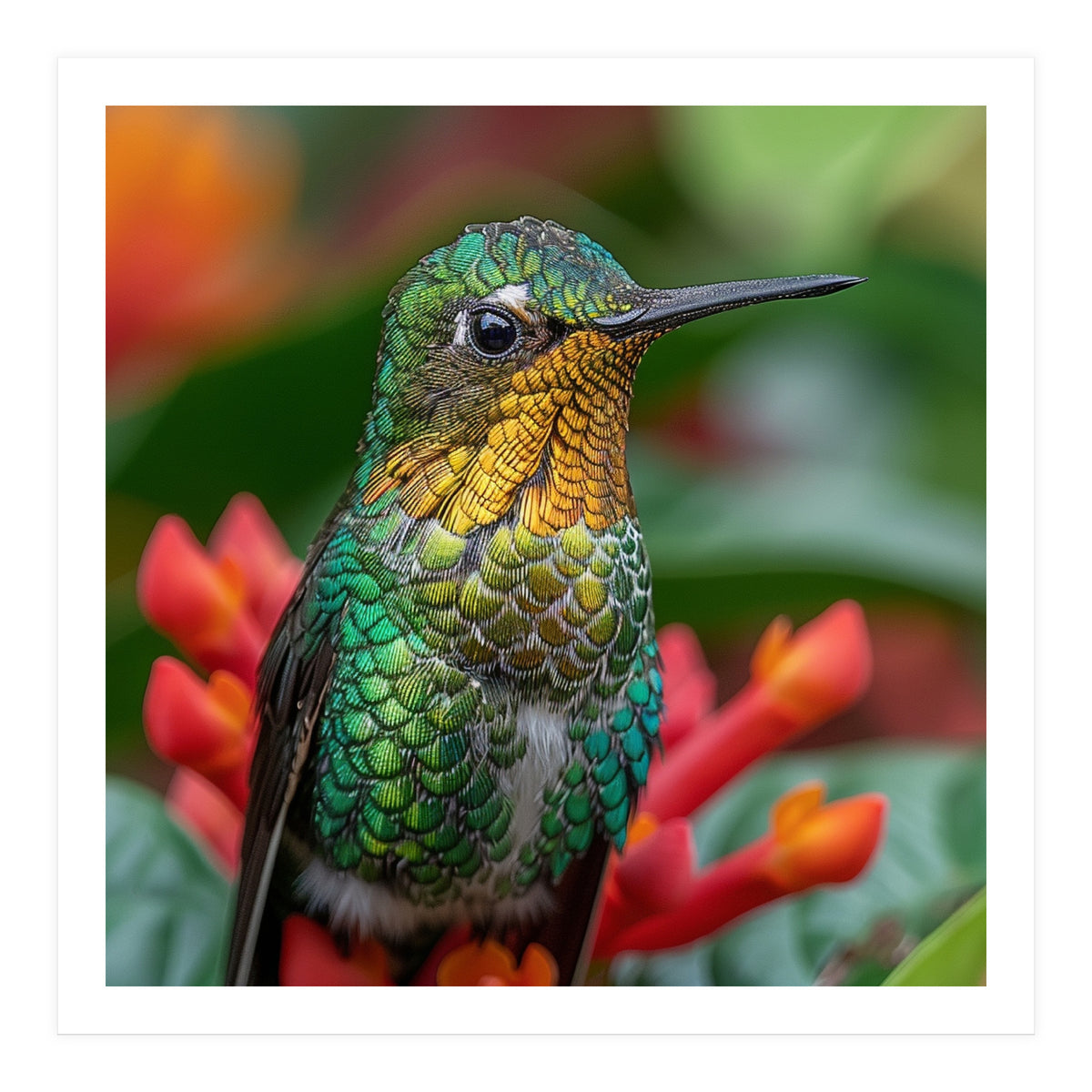 Close Up Of A Hummingbird On Red Flowers (Print Only)
