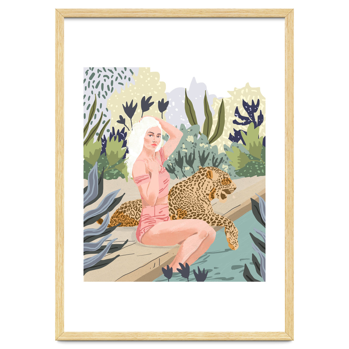 How to Train Your Leopard, Wild Cat Bohemian Woman Painting, Swimming Pool Bikini Summer Swim Animal