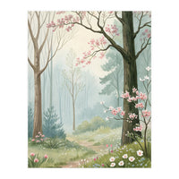 Enchanted Spring Woodland Path with Blooming Cherry Blossoms and Misty Pastel Forest Atmosphere (Print Only)