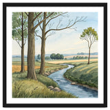Pastoral Countryside Watercolor Painting with Winding Stream Meadows and Deciduous Trees Landscape thumbnail