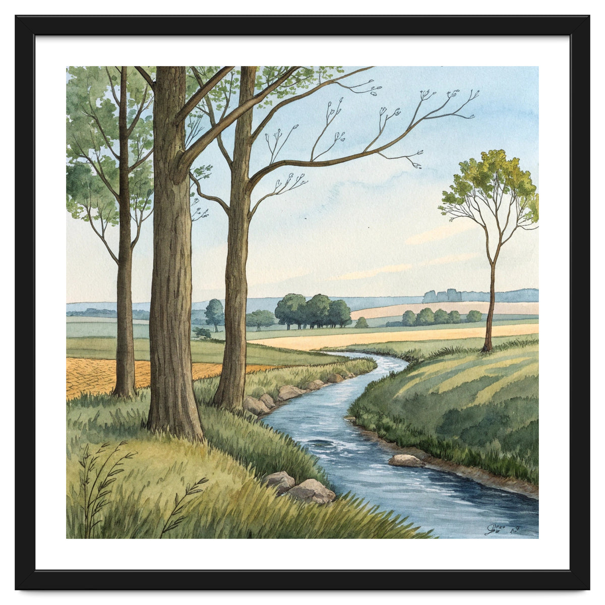 Pastoral Countryside Watercolor Painting with Winding Stream Meadows and Deciduous Trees Landscape