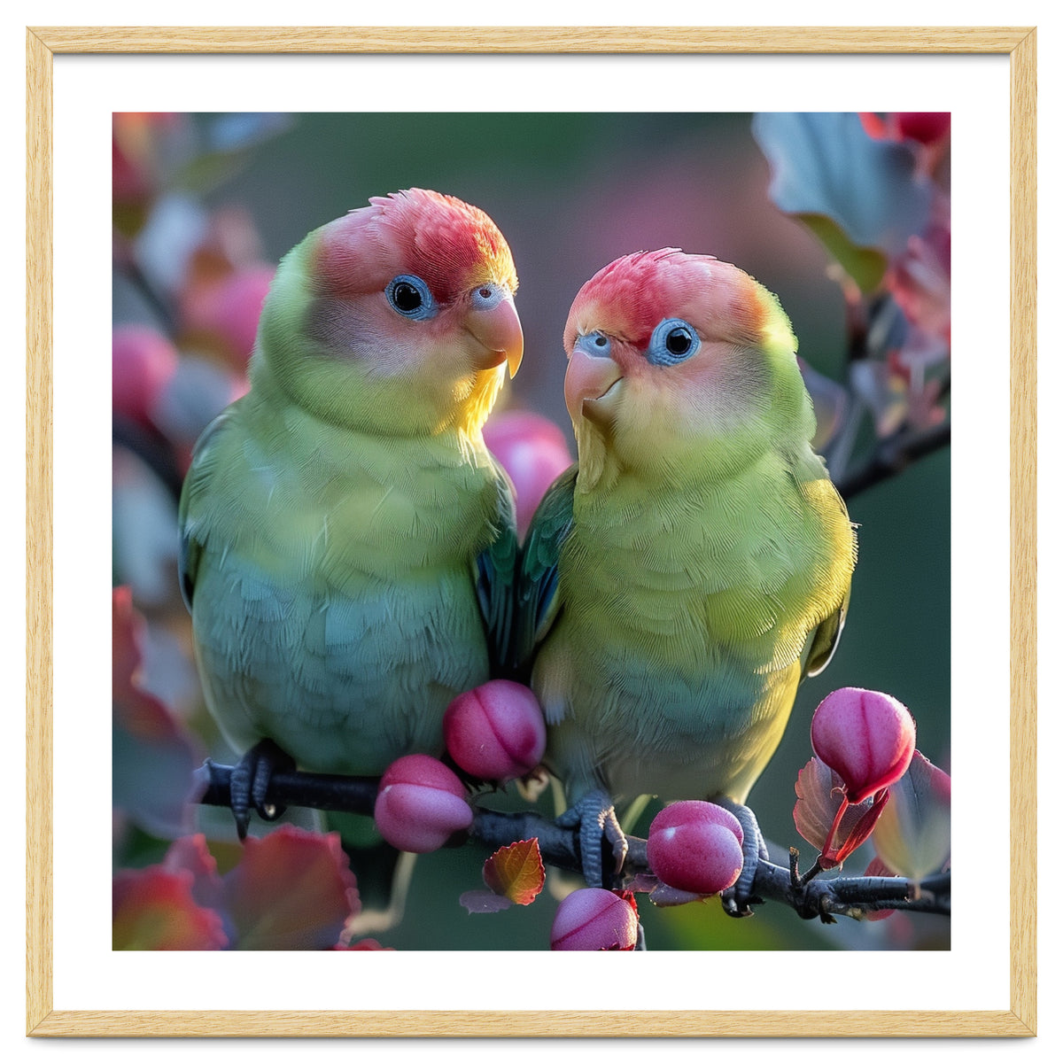 Two Lovebirds On A Branch Surrounded By Berries