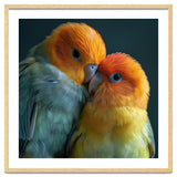Lovebirds Couple Nuzzling With Orange And Yellow Feathers thumbnail