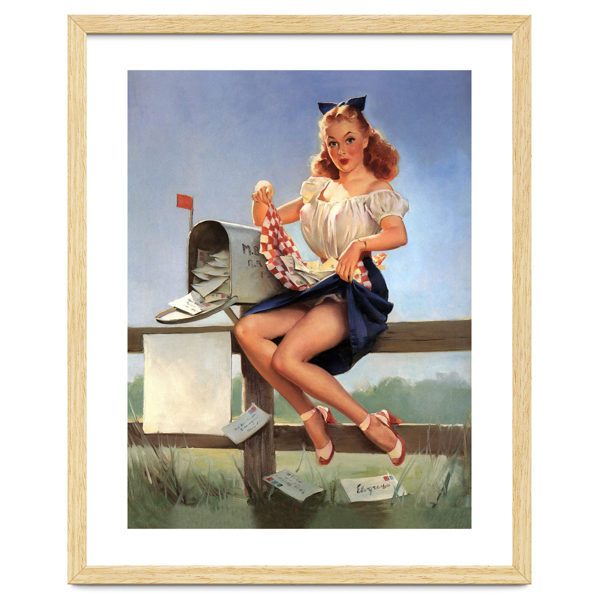Countryside Pinup Girl Posing On A Fence With Love Letters And A Full Mailbox