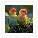 Lovebirds Couple Perched On Mossy Branch Sunlight thumbnail