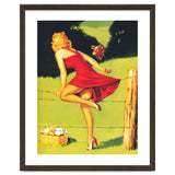 Pinup Girl In Red Dress Crossing The Barbed Wire While Looking At The Bull thumbnail