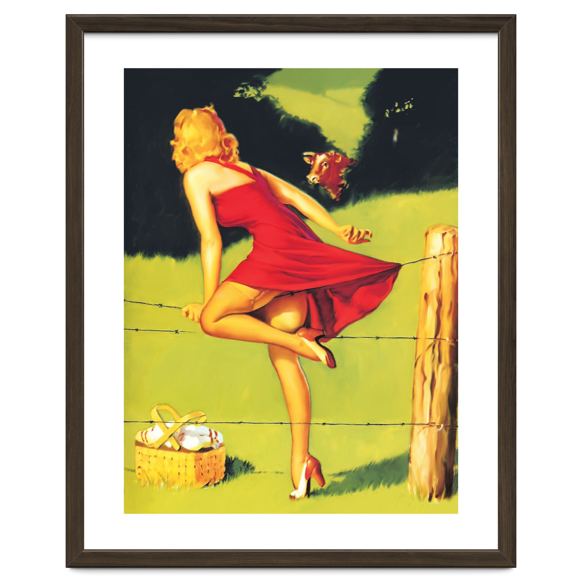 Pinup Girl In Red Dress Crossing The Barbed Wire While Looking At The Bull