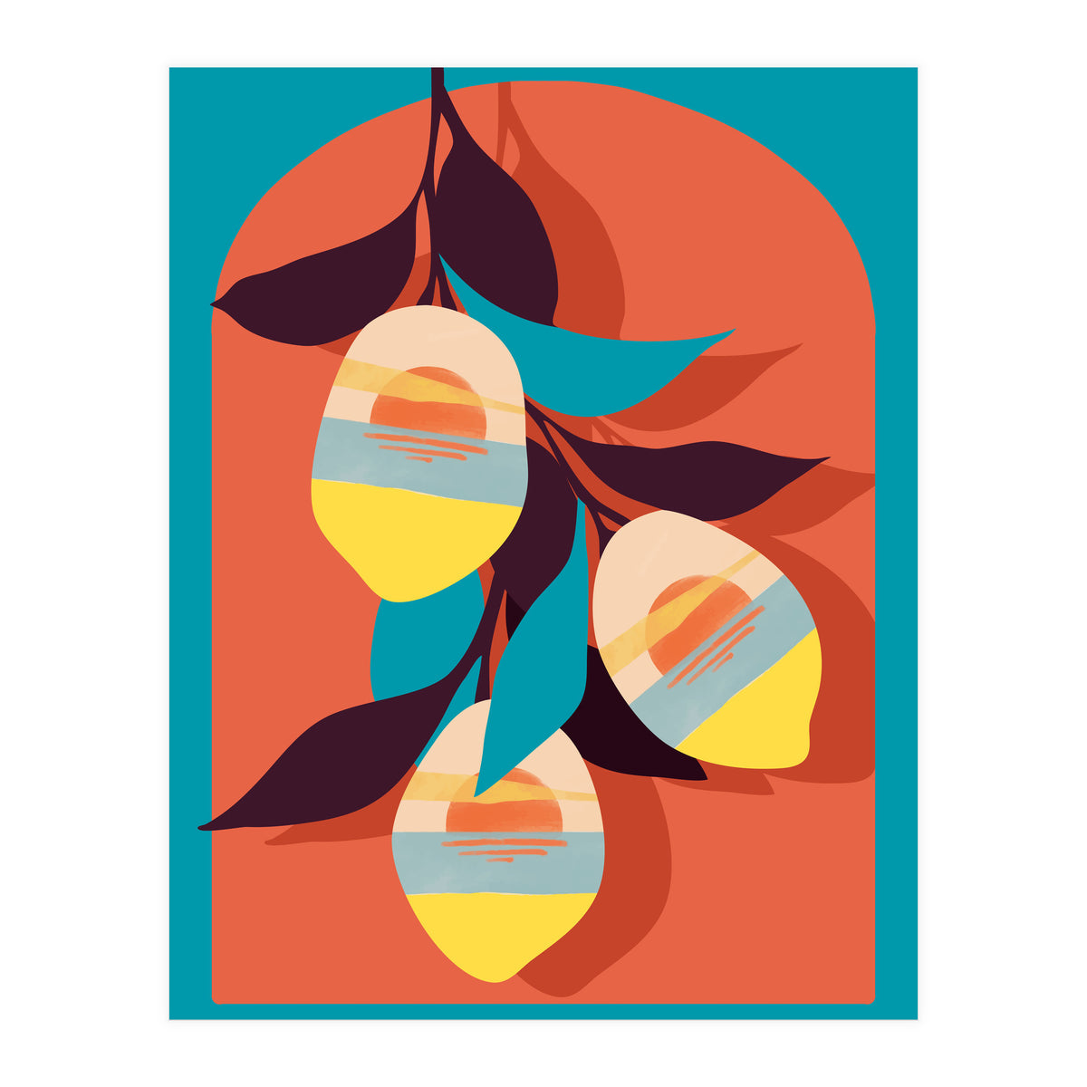 Lemon Sunset, Eclectic Botanical Colorful Bohemian Fruits, Food Pop Of Color Lime Retro (Print Only)