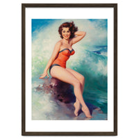 Pinup Girl Posing In Front Of Big Waves On The Beach