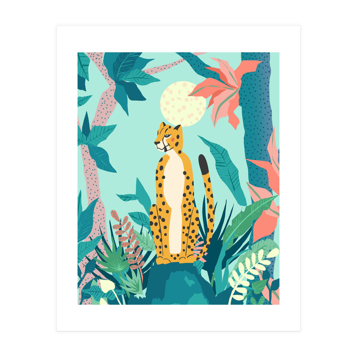 Leopard Forest, Pastel Tropical Jungle Nature Botanical, Moon Eclectic Colorful Wild Animals Boho (Print Only)