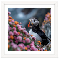 Puffin Bird Among Colorful Wildflowers In Bloom