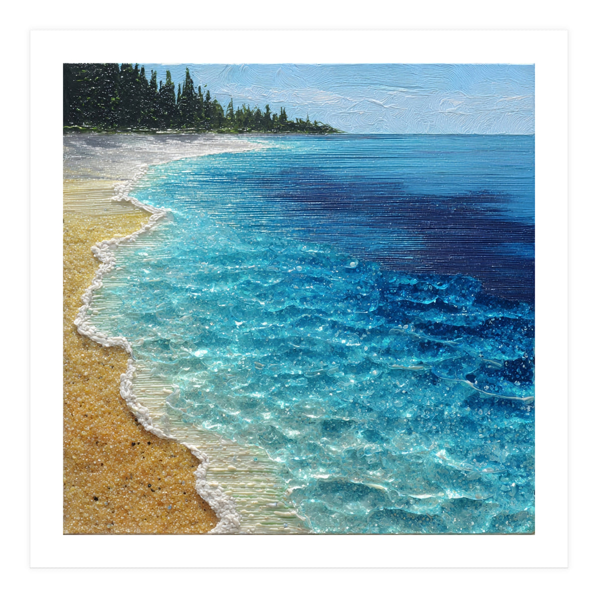 Sun-Drenched Coastal Shoreline with Textured Impasto Waves (Print Only)