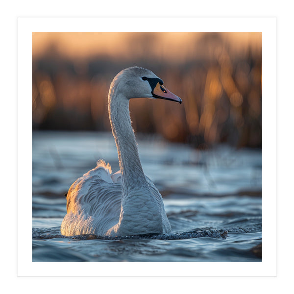 Elegant Swan Gliding On Water At Sunset (Print Only)