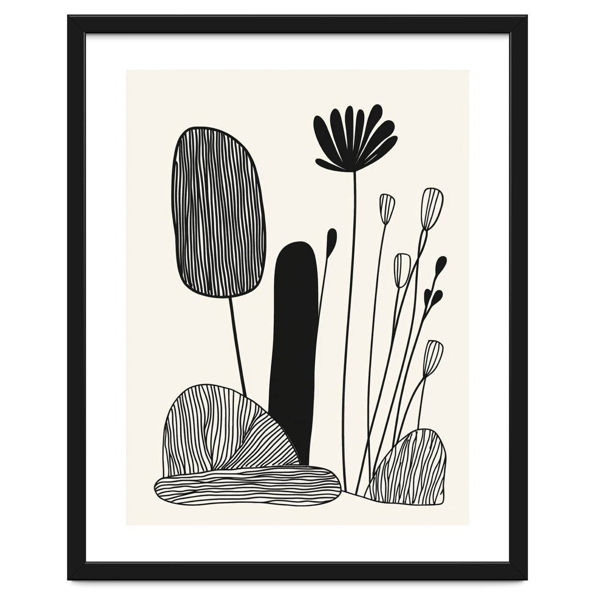 Abstract Black And White Botanical Illustration With Organic Shapes
