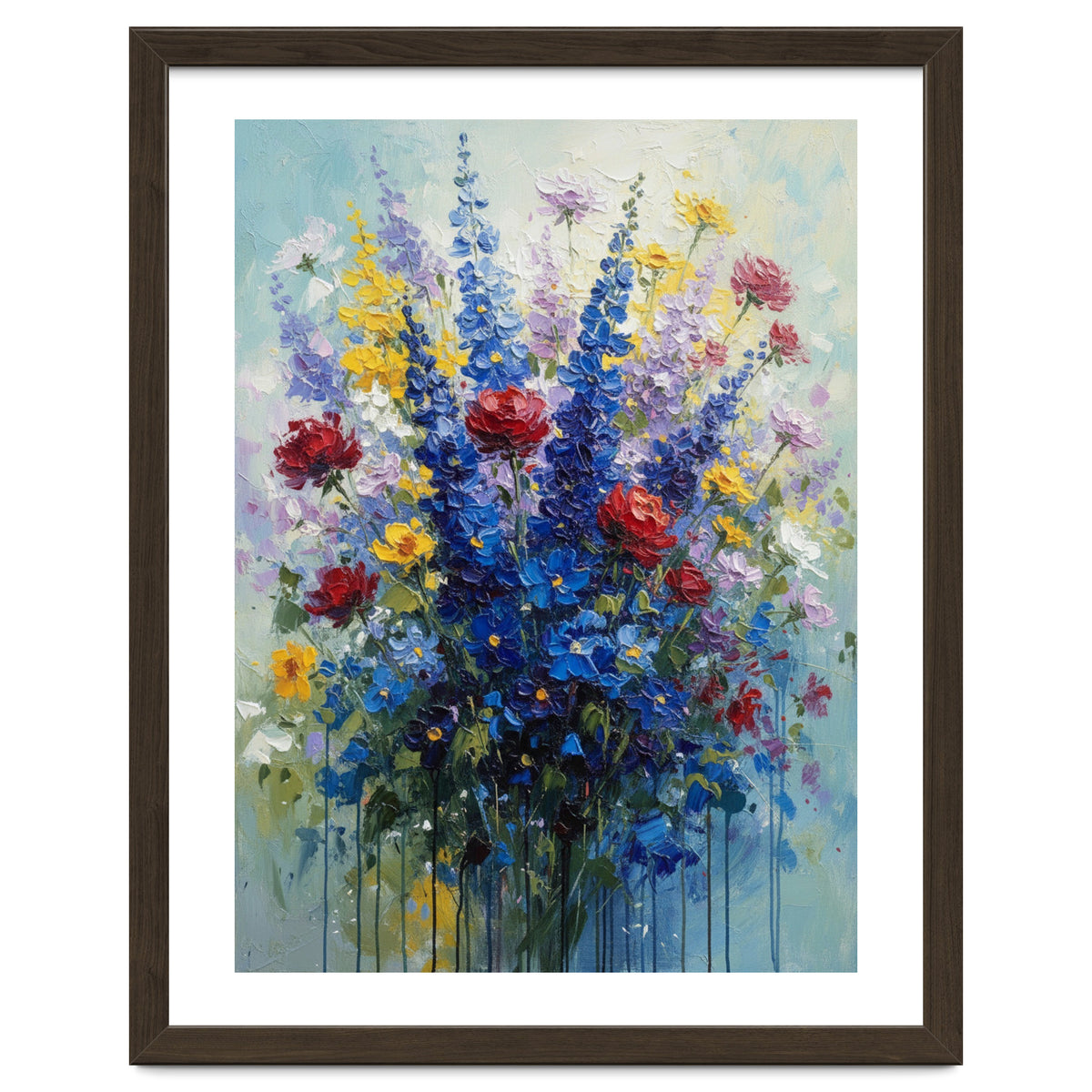 Vibrant Blue Delphinium and Red Rose Heavy Impasto Oil Painting