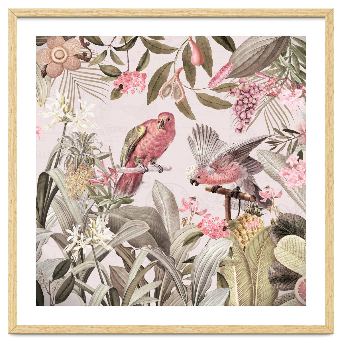 Colorful Parrots In Flower And Fruit Tropical Jungle