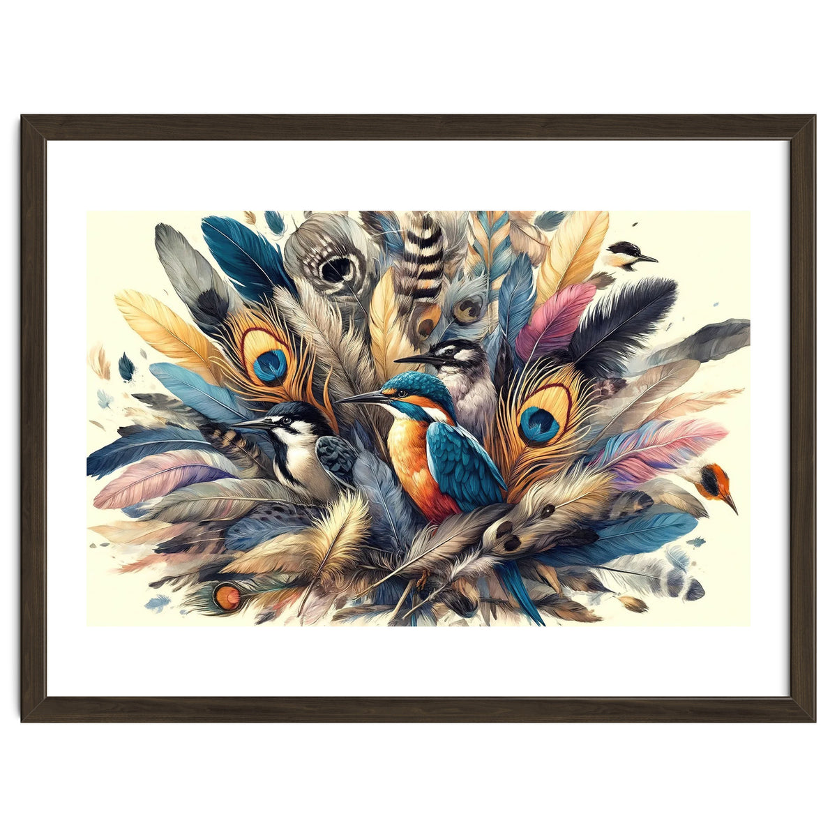 Kingfisher And Songbirds In Peacock Feathers