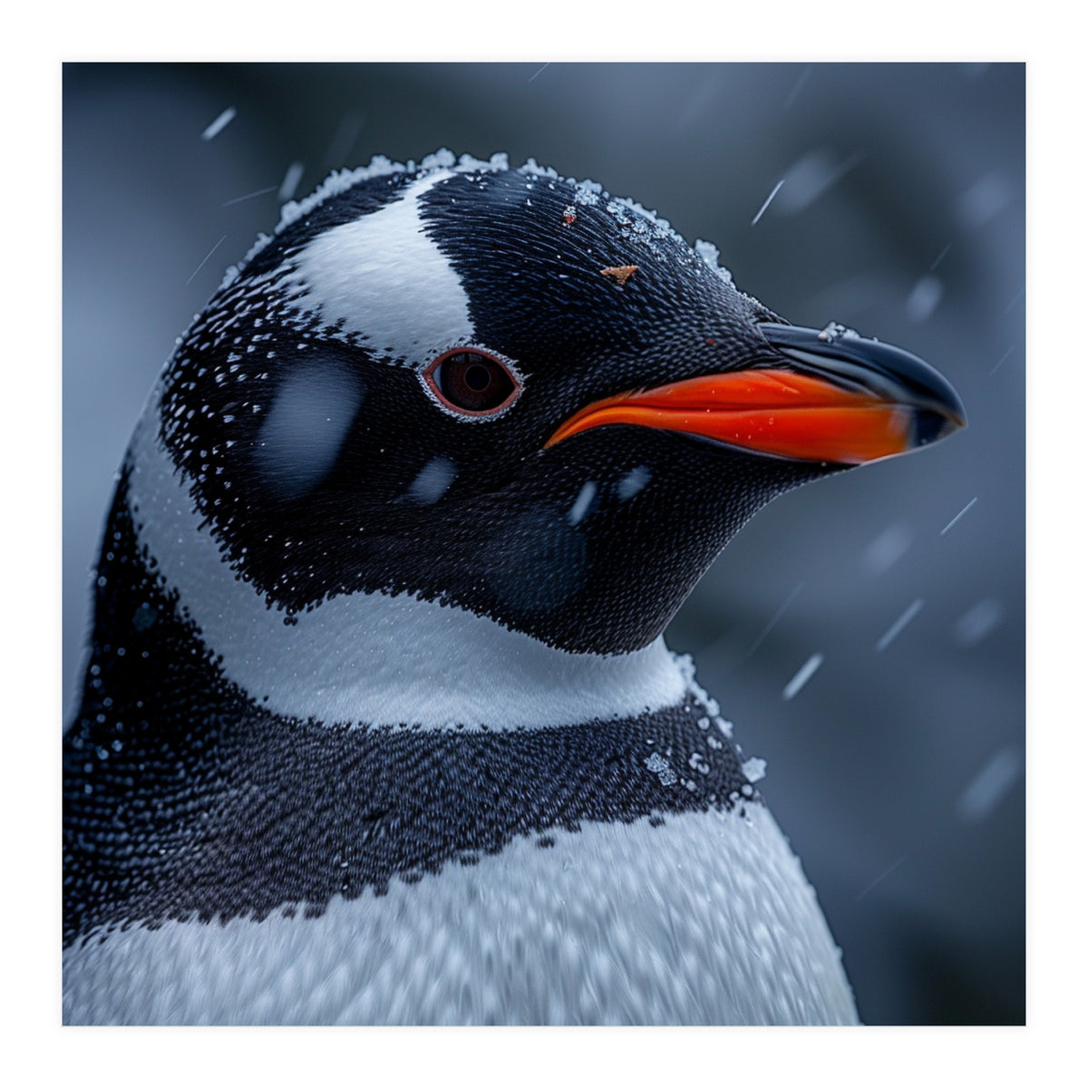 Close Up Penguin Portrait In Snowy Weather (Print Only)