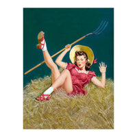 Pinup Sexy Girl Posing On A Hay With A Pitchfork (Print Only)