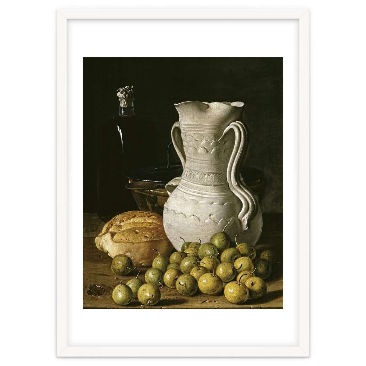 Luis Egidio Meléndez: 'Still Life with Small Pears, Bread, White Pitcher, Glass Bottle, and.., 1760.