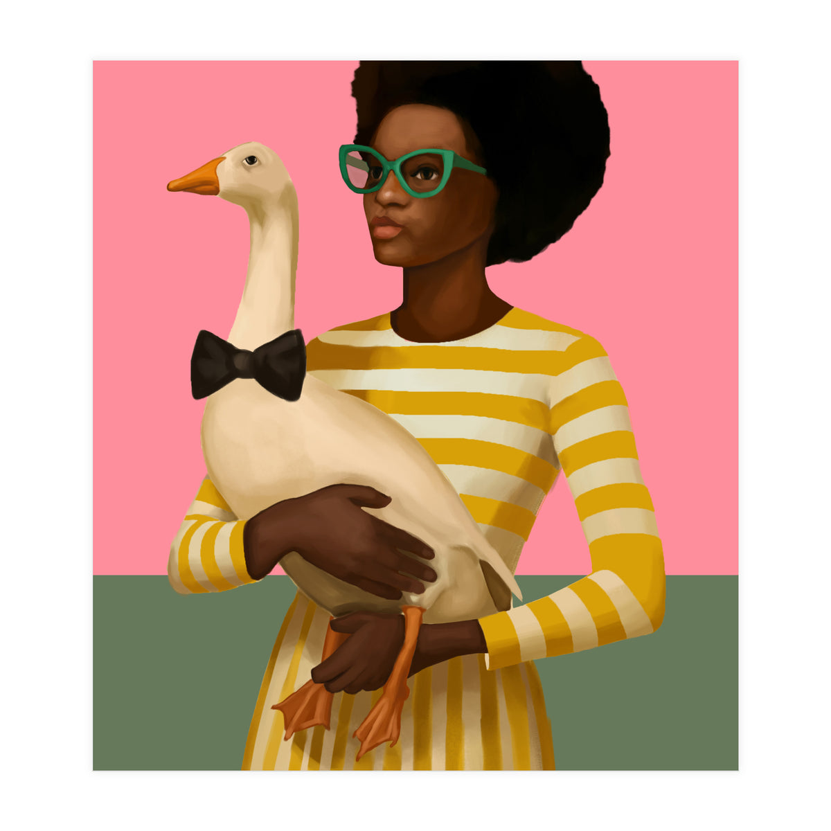 Stylish Woman Holding Goose In Striped Dress (Print Only)