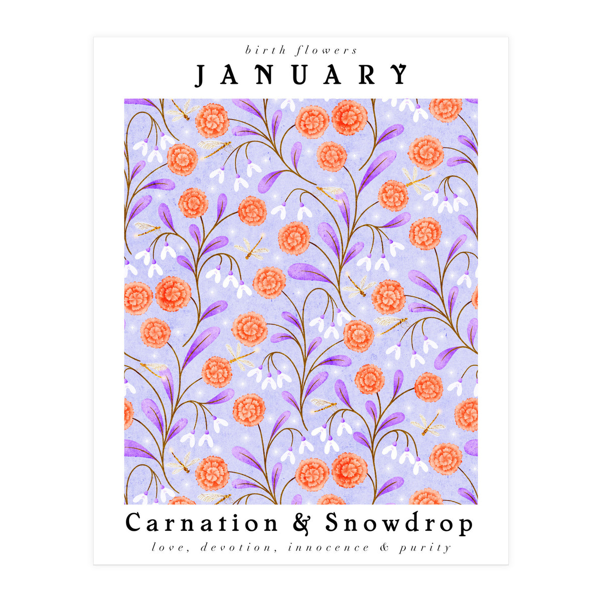 Carnations And Snowdrop January Birth Flower Floral Print (Print Only)