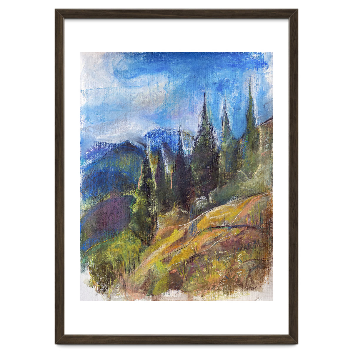 Pastel drawing of an Alpine Pine Forest