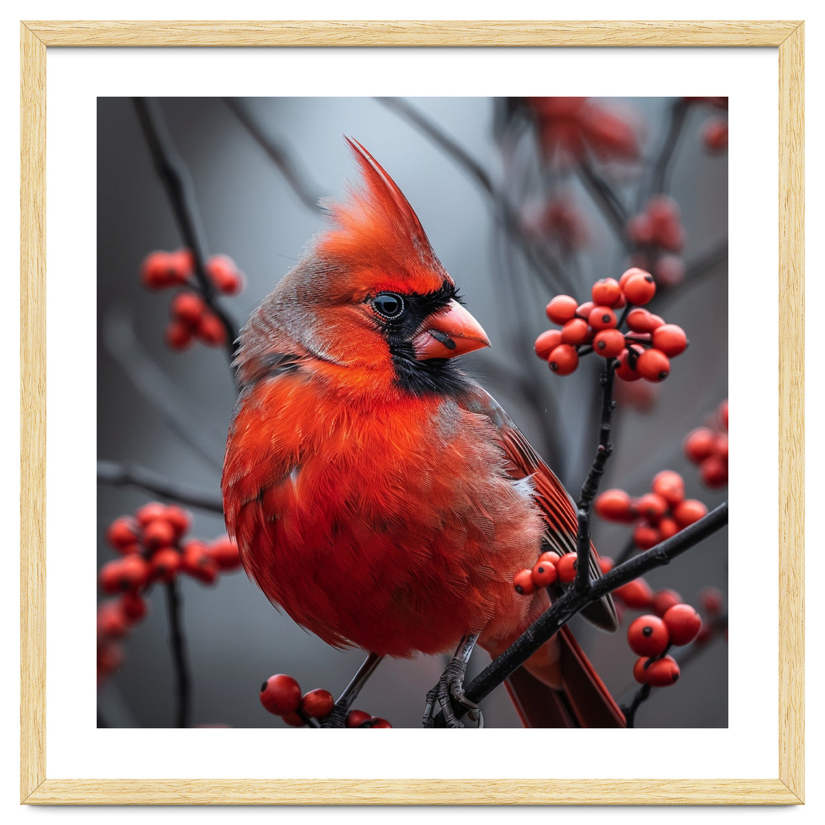 Northern Cardinal Bird Perched Among Red Berries
