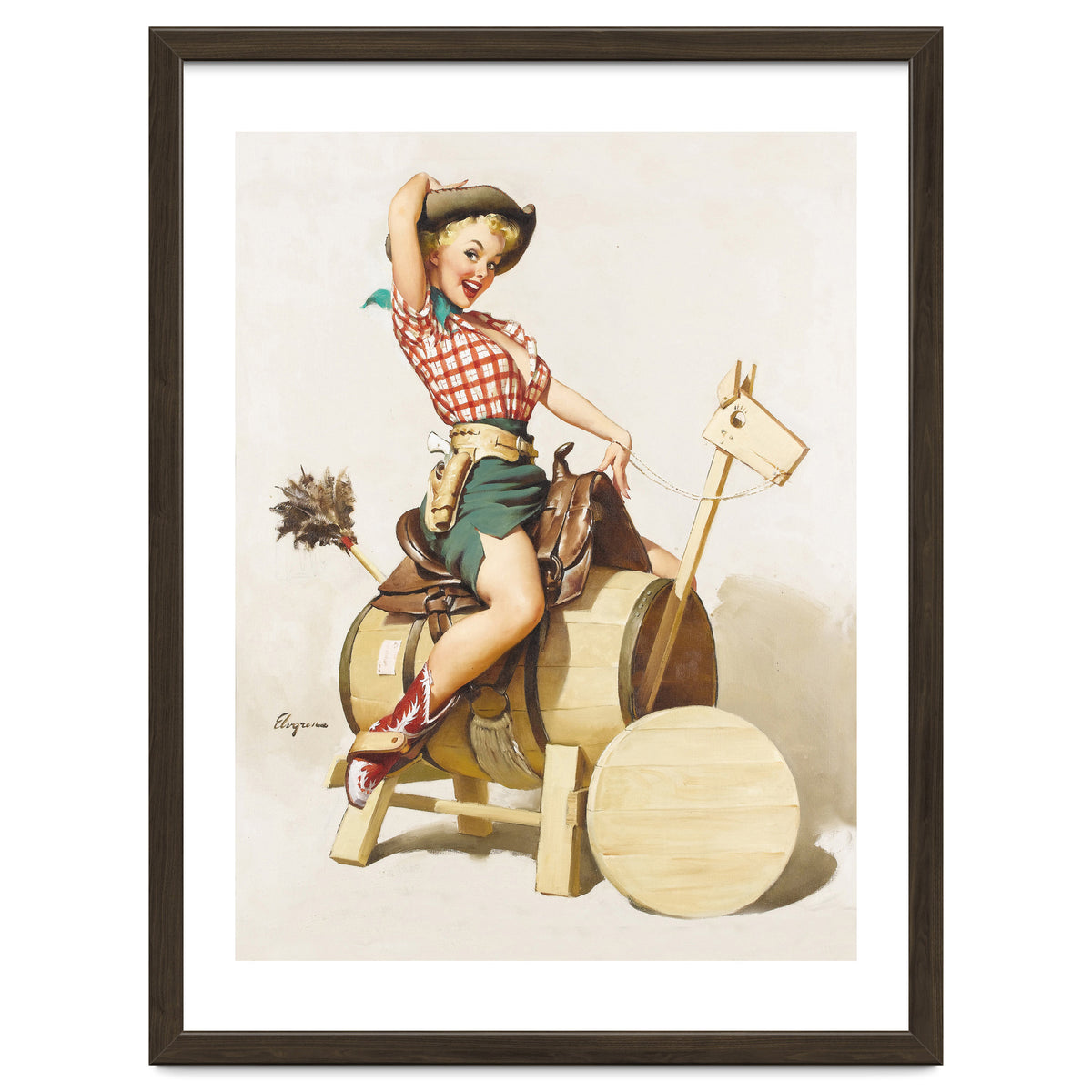 Pinup Cowgirl Riding A Wooden Horse Made Of Barrel