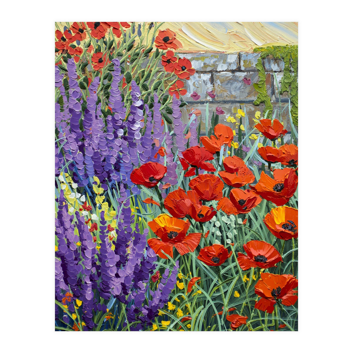 Vibrant Summer Poppy and Lavender Garden Oil Painting (Print Only)