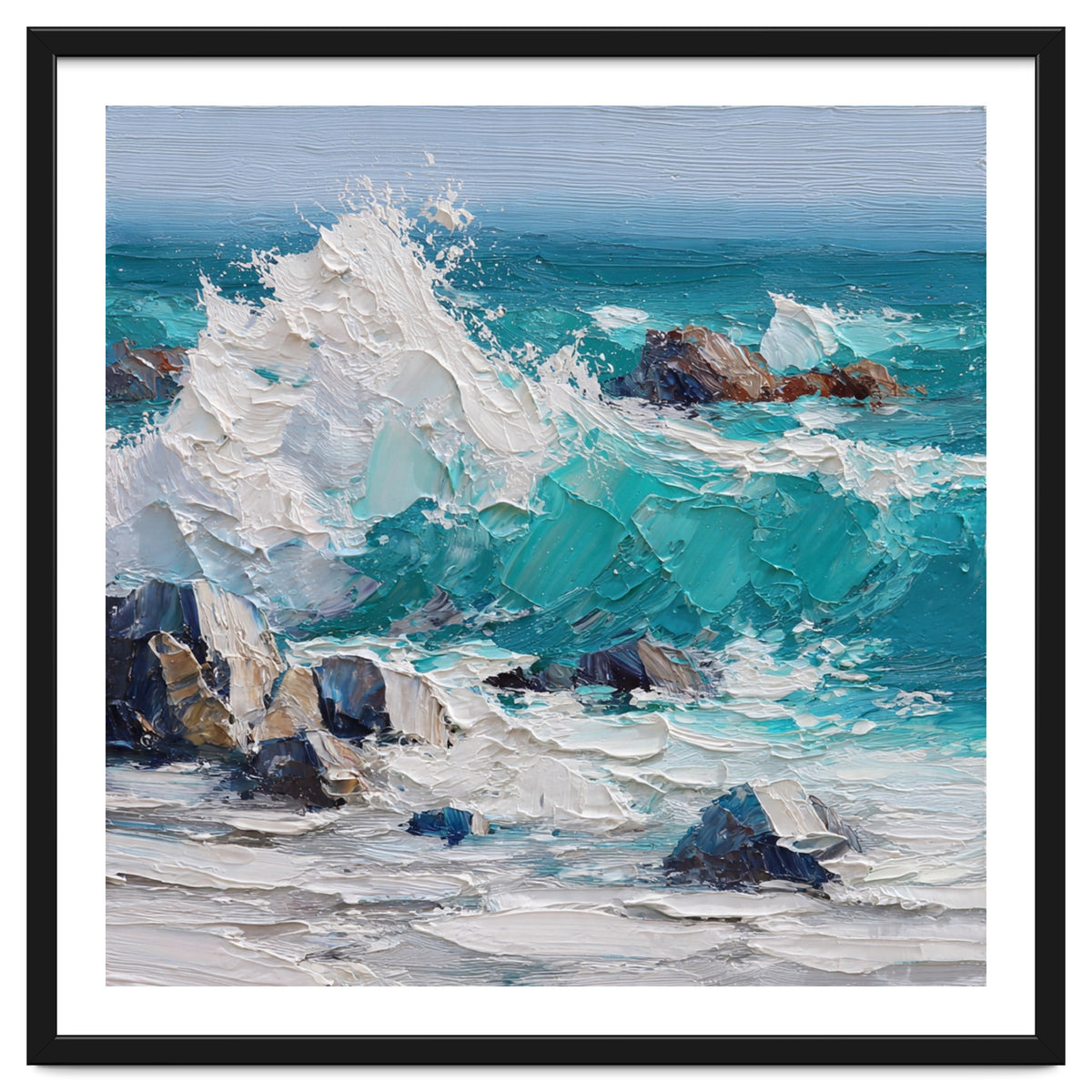 Dynamic Crashing Turquoise Ocean Wave Against Rugged Coastal Rocks