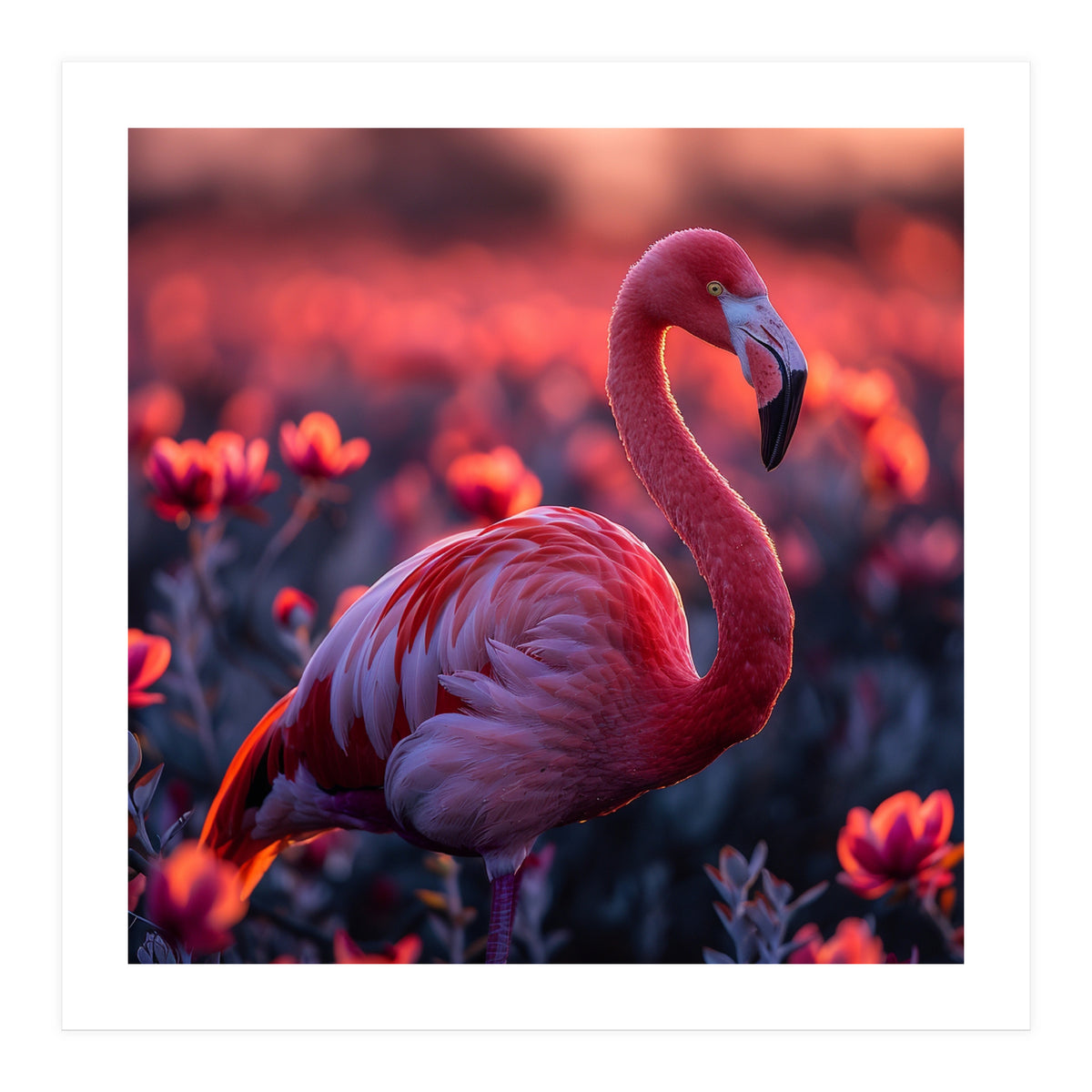 Pink Flamingo Bird Standing Among Flowers At Sunset (Print Only)