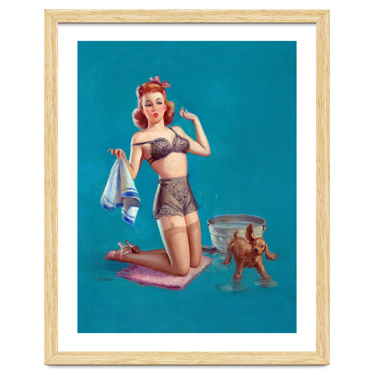 Pinup Girl Bathing A Dog