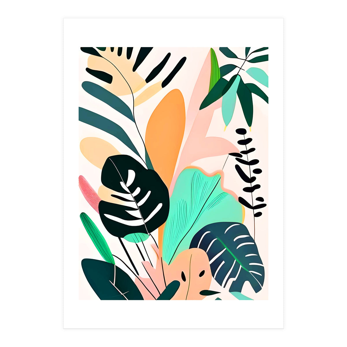 Pastello, Tropical Pastel Jungle, Botanical Neutral Muted Colors, Nature Plants Drawing Monstera, Exotic Bohemian Summer (Print Only)