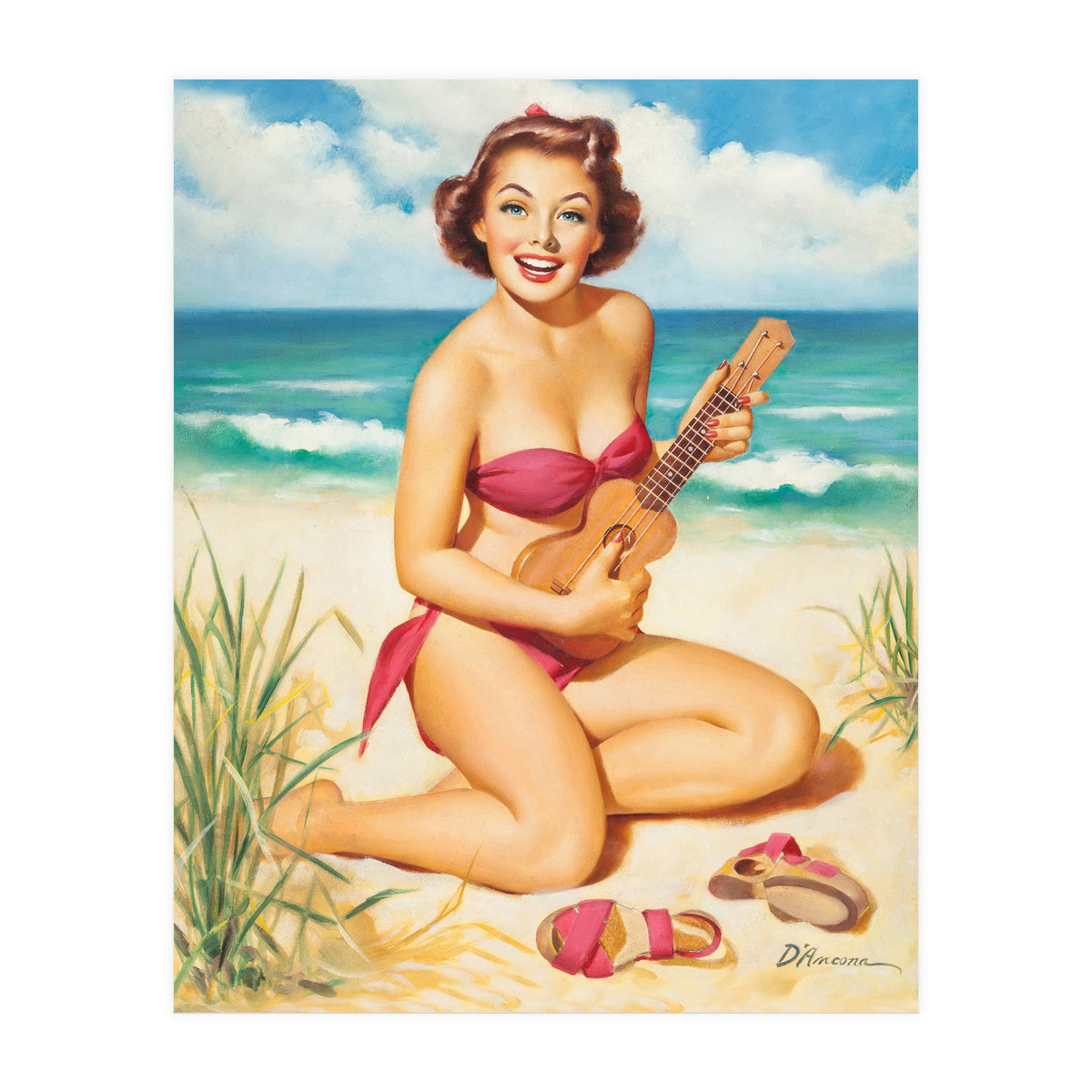 Pinup Girl Playing Ukulele On The Beach (Print Only)