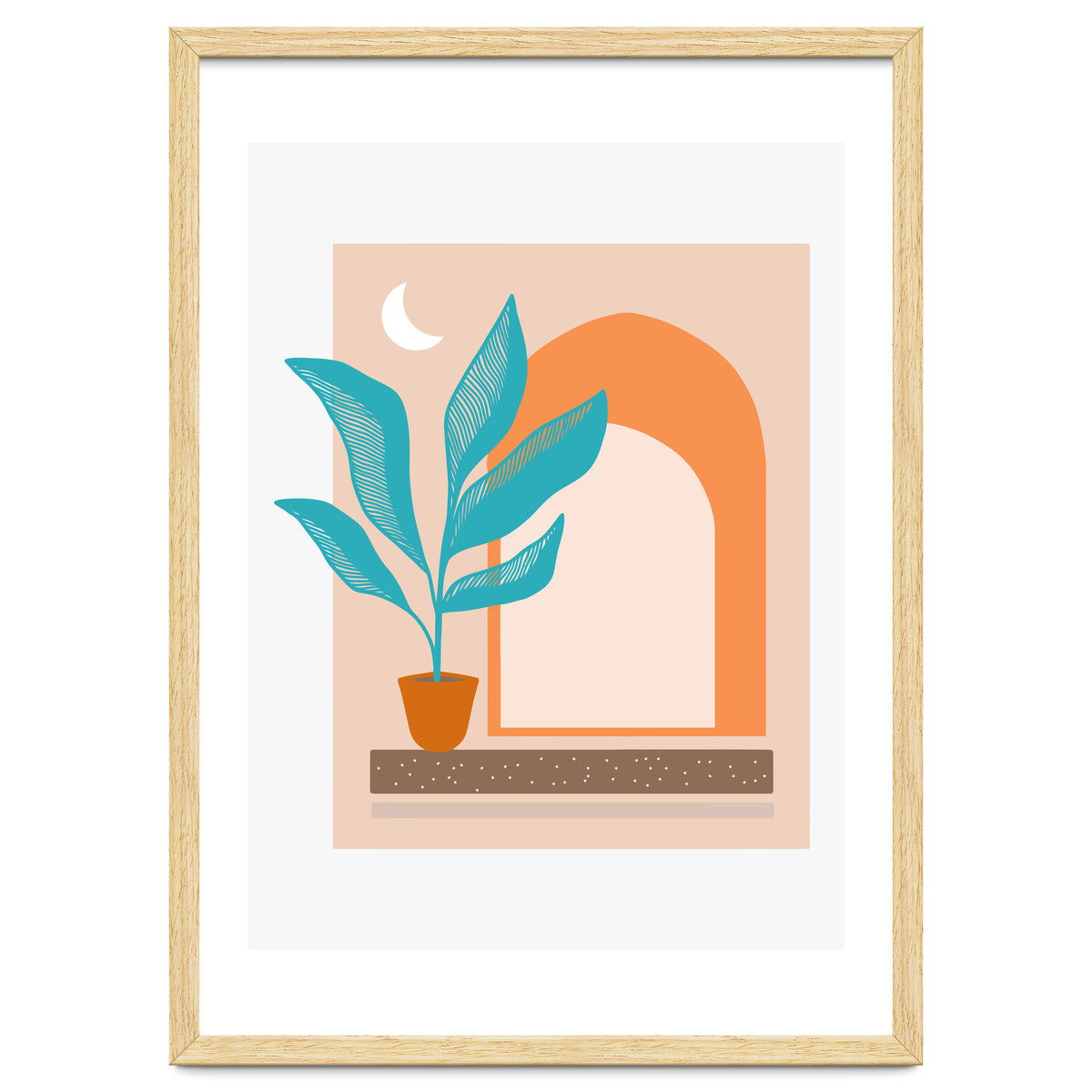 Moonlight Villa, Architecture Modern Bohemian Travel Illustration, Pastel Tropical Home Minimal Line Art