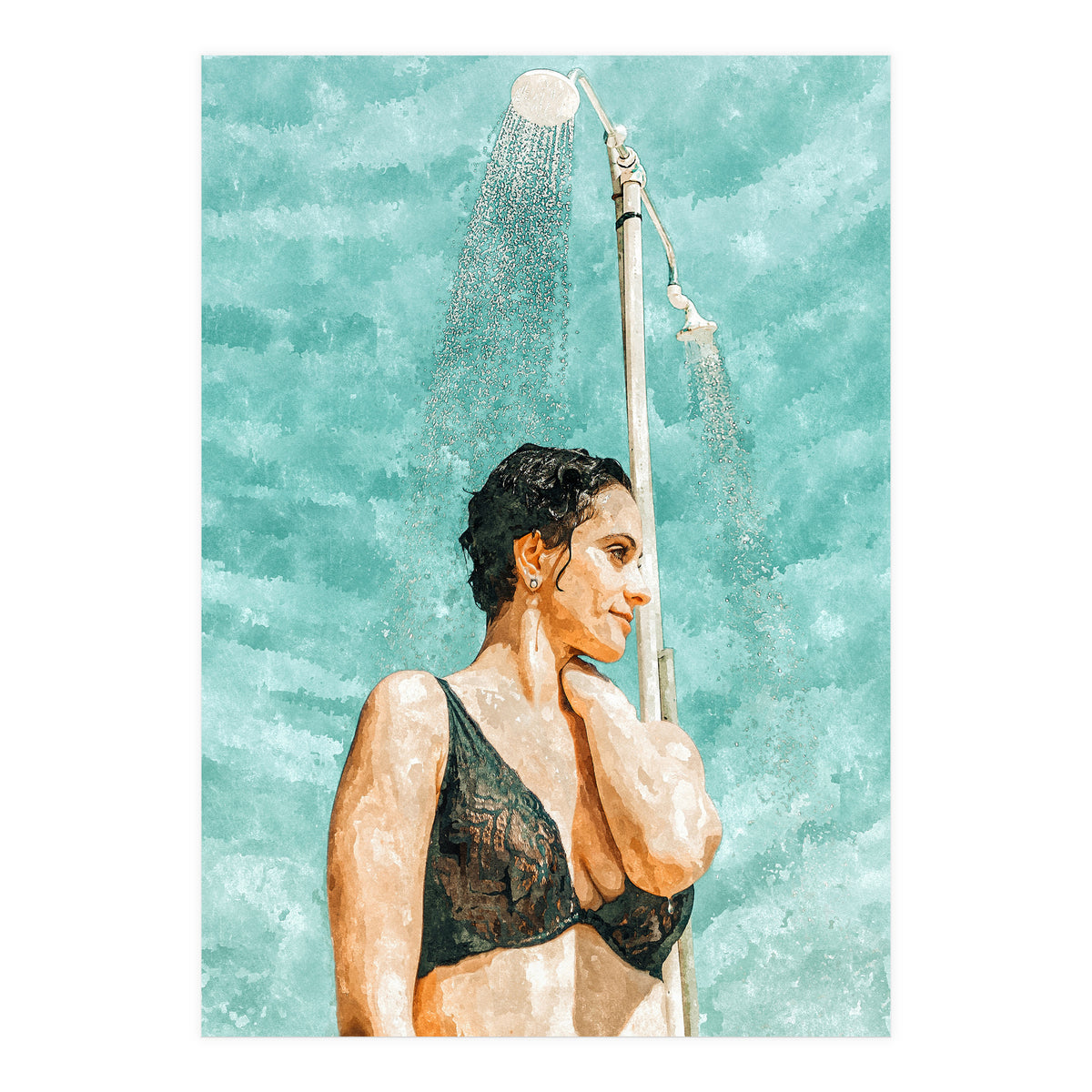 Bathe | Woman Pool Shower | Summer Swim Watercolor Painting | Brunette Bikini Boho Fashion (Print Only)
