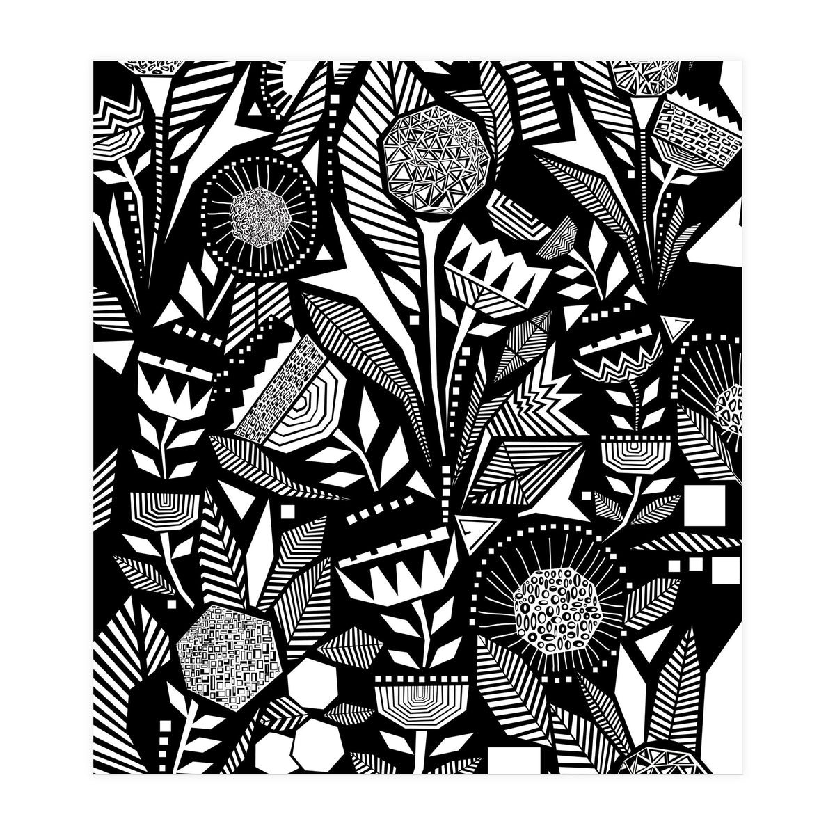 African Tribal, Black & White Abstract Drawing Sketch Line Art, Rustic Botanical Illustration, Bohemian Eclectic Scandinavian Vintage Bold (Print Only)