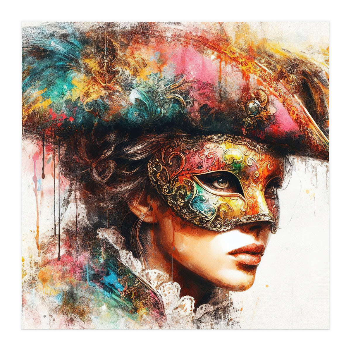 Watercolor Carnival Venetian Mask Woman (Print Only)