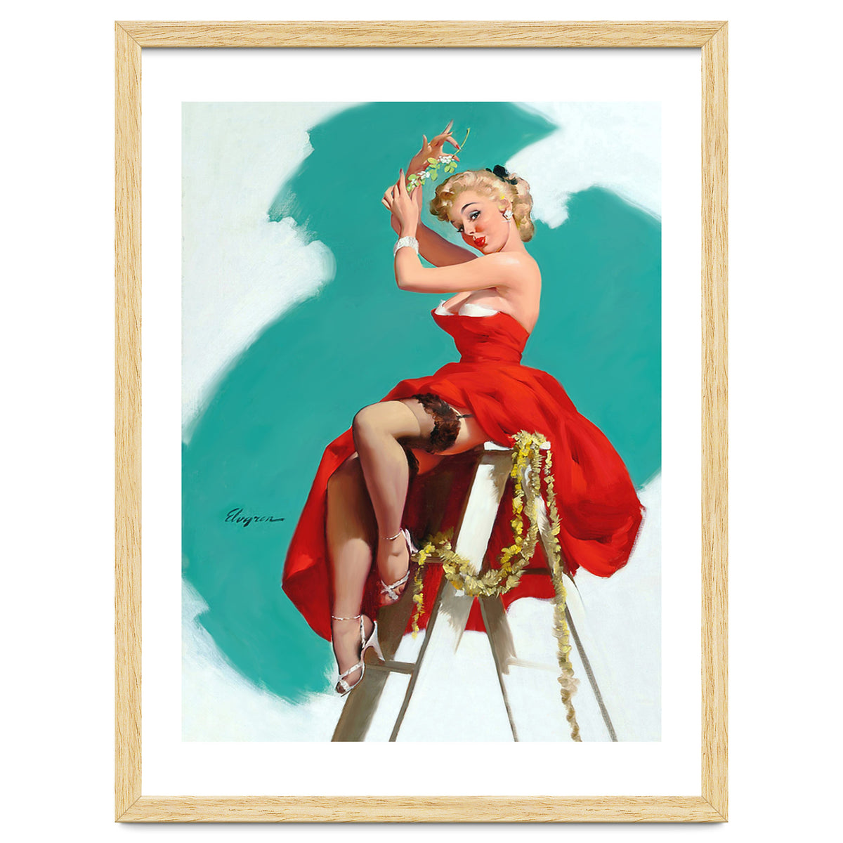 Sexy Pinup Girl In Red Dress Posing On a Ladder