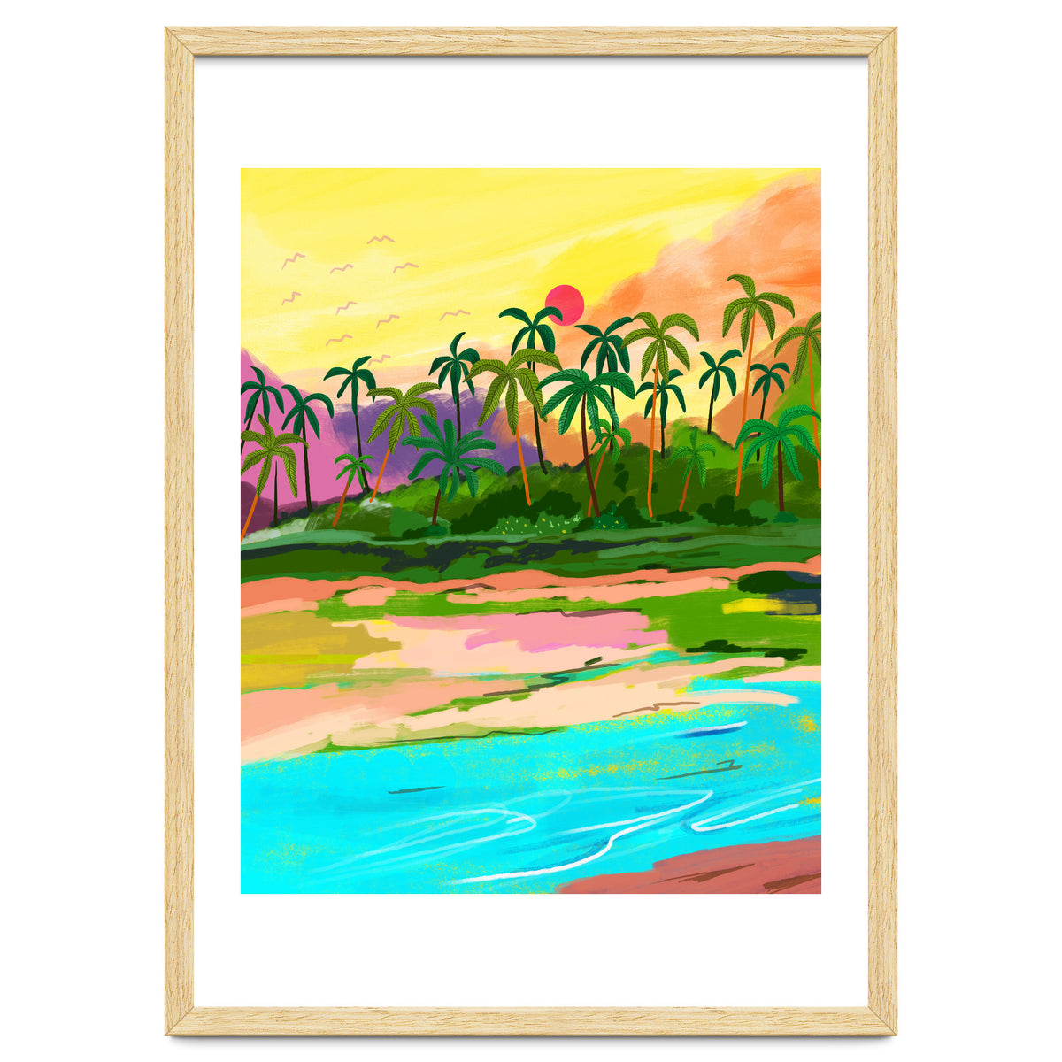 Tropical Backwaters Of Kerala, Nature Jungle Forest Landscape Painting, Dreamy Scenic Travel Lake Palm Bohemian