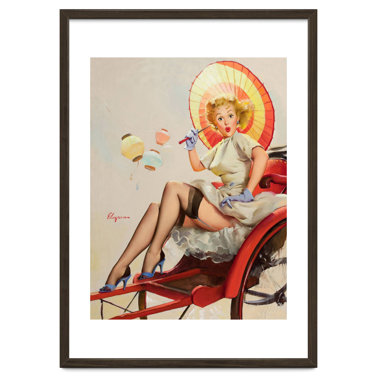 Pinup Girl In Rickshaw Experiencing Sudden Wind