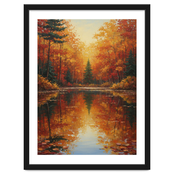 Golden Autumn Reflection: Impasto Forest Landscape